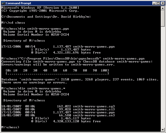 DOS box showing use of pgnchessdb